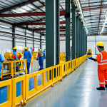 **Image Prompt:** A bustling Thai factory floor, showcasing employees actively participating in a safety drill, overseen by a safety engineer. Highlight proper use of PPE (Personal Protective Equipment) and clear emergency exit routes. Depict a modern, well-lit environment emphasizing a proactive safety culture.