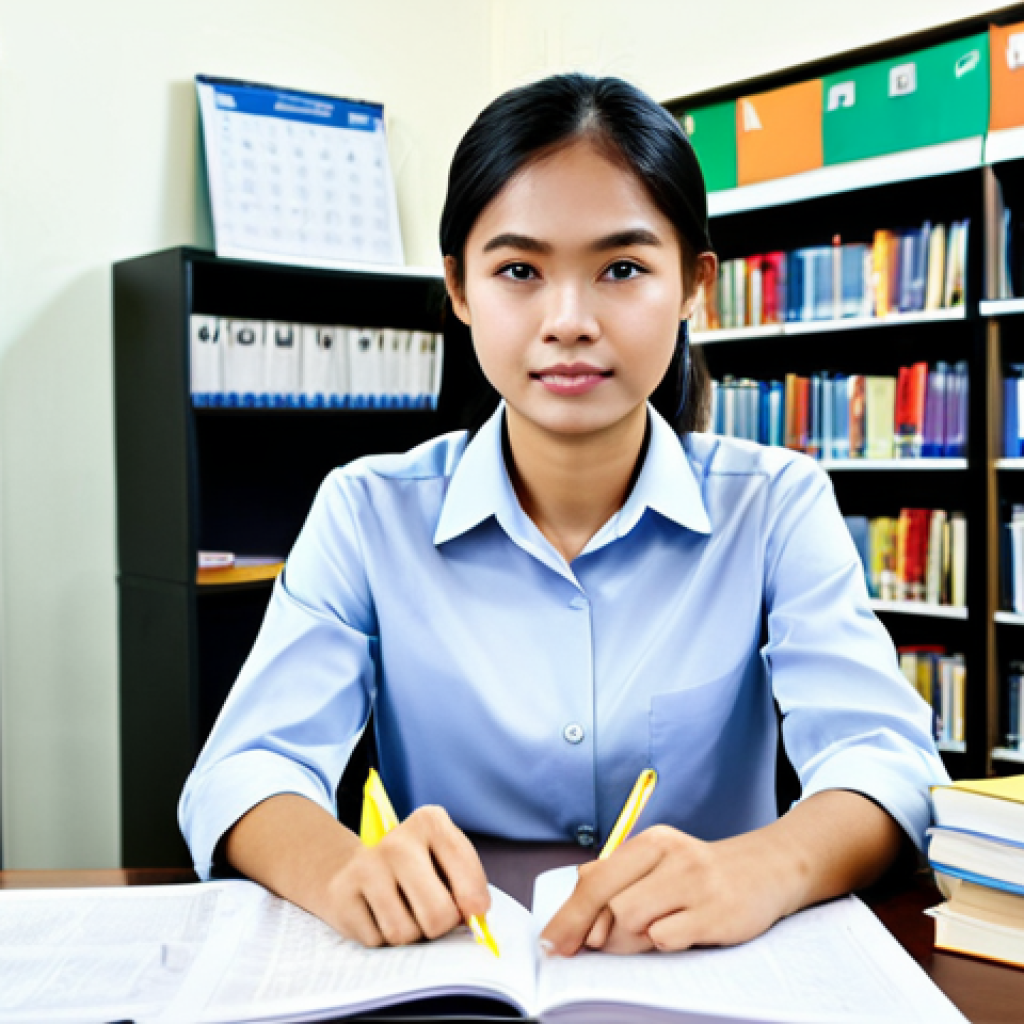 Study Scene**

A determined student, fully clothed in a modest and professional outfit (e.g., a collared shirt and slacks or a simple blouse and skirt), studying diligently at a desk covered with textbooks and notes on occupational safety in Thailand. The background shows a well-lit study area with bookshelves and a calendar marking important exam dates. Safe for work, appropriate content, fully clothed, professional, perfect anatomy, correct proportions, natural pose, well-formed hands, proper finger count, natural body proportions, high quality.

**