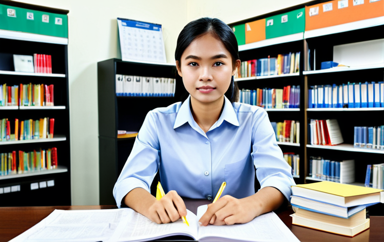Study Scene**
A determined student, fully clothed in a modest and professional outfit (e.g., a collared shirt and slacks or a simple blouse and skirt), studying diligently at a desk covered with textbooks and notes on occupational safety in Thailand. The background shows a well-lit study area with bookshelves and a calendar marking important exam dates. Safe for work, appropriate content, fully clothed, professional, perfect anatomy, correct proportions, natural pose, well-formed hands, proper finger count, natural body proportions, high quality.
**