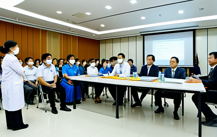 Safety Training Session**
"A brightly lit conference room in Bangkok, Thailand. Employees are attentively watching a safety demonstration by a trainer in appropriate business attire, fully clothed. The scene emphasizes workplace safety protocols and risk assessment. 'Safety First' banner visible. Safe for work, appropriate content, family-friendly, professional, perfect anatomy, correct proportions, natural pose, high-quality image."
**
