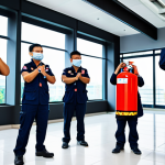 **

"A group of Thai government employees participating in a fire safety training exercise in a modern office building, fully clothed in appropriate office attire. The setting includes visible fire extinguishers and safety signage in Thai. Focus on teamwork and attentiveness during the drill. safe for work, appropriate content, professional, modest, perfect anatomy, natural pose, high quality, well-formed hands, proper finger count, natural body proportions."

**