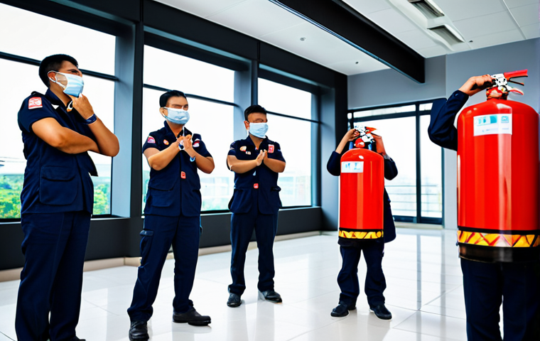 **

"A group of Thai government employees participating in a fire safety training exercise in a modern office building, fully clothed in appropriate office attire. The setting includes visible fire extinguishers and safety signage in Thai. Focus on teamwork and attentiveness during the drill. safe for work, appropriate content, professional, modest, perfect anatomy, natural pose, high quality, well-formed hands, proper finger count, natural body proportions."

**