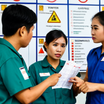 **

A diverse group of fully clothed Thai factory workers in appropriate attire are participating in a safety training session. The instructor is pointing to a hazard identification chart in Thai. The background includes safety posters and equipment. safe for work, appropriate content, professional, modest, family-friendly, perfect anatomy, correct proportions, natural pose, well-formed hands, proper finger count, natural body proportions, high quality, professional photography.

**