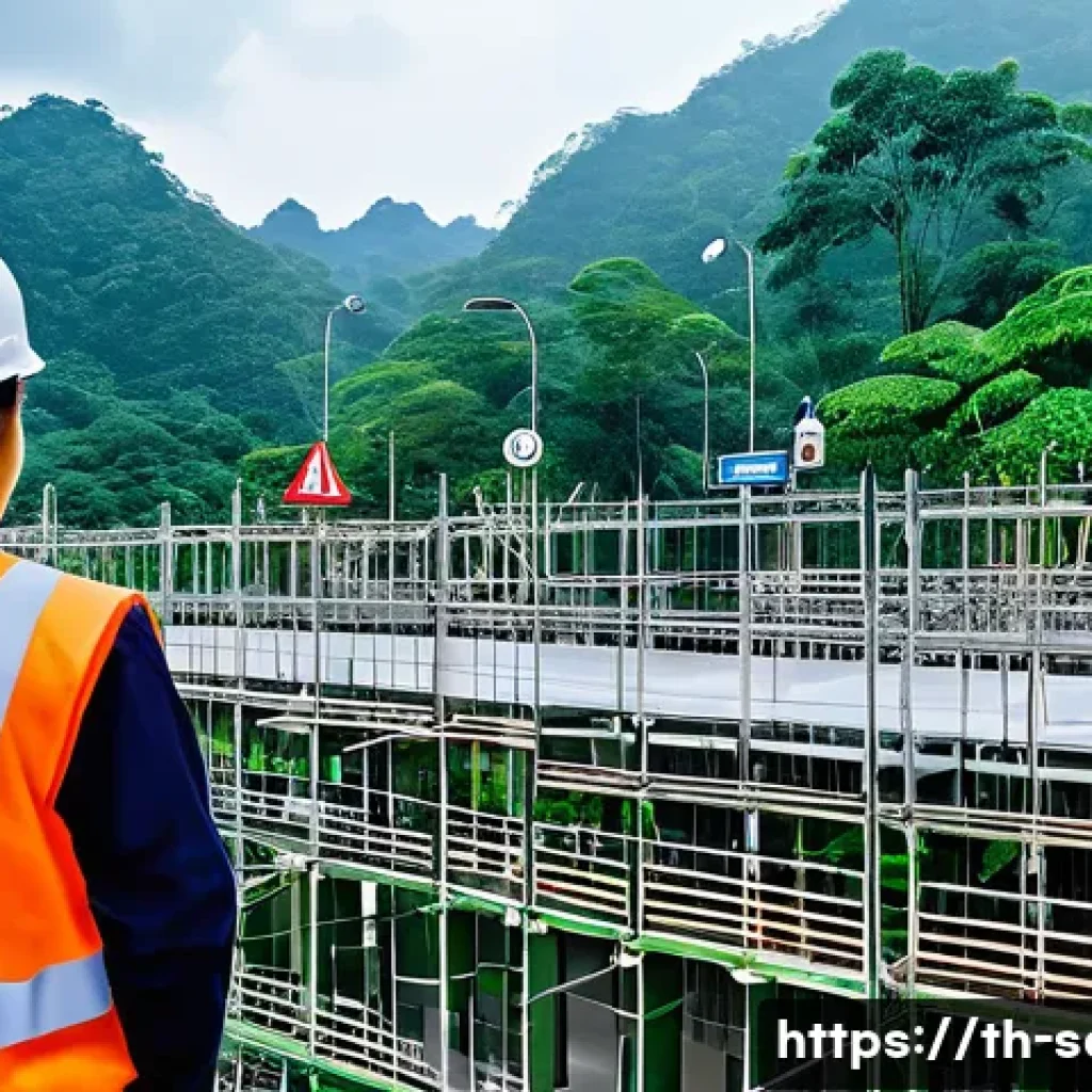 산업안전분야 최신 기술 트렌드 - A modern industrial construction site in Thailand featuring smart sensor technology: workers wearing...