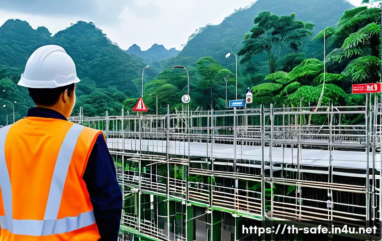 산업안전분야 최신 기술 트렌드 - A modern industrial construction site in Thailand featuring smart sensor technology: workers wearing...