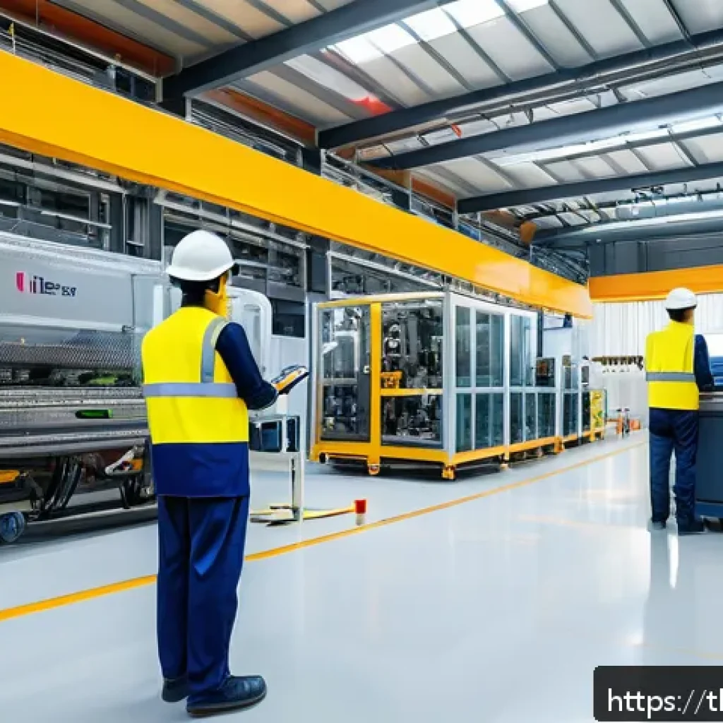 산업안전기사와 산업 내 사고 동향 - A modern industrial factory interior emphasizing comprehensive safety measures: workers wearing safe...