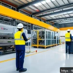산업안전기사와 산업 내 사고 동향 - A modern industrial factory interior emphasizing comprehensive safety measures: workers wearing safe...