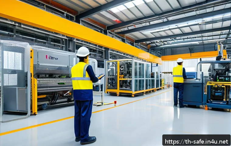 산업안전기사와 산업 내 사고 동향 - A modern industrial factory interior emphasizing comprehensive safety measures: workers wearing safe...