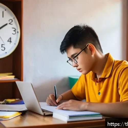 산업안전기사 실기시험 준비 팁 - A focused Thai student studying at a traditional wooden desk in a cozy room during early morning lig...
