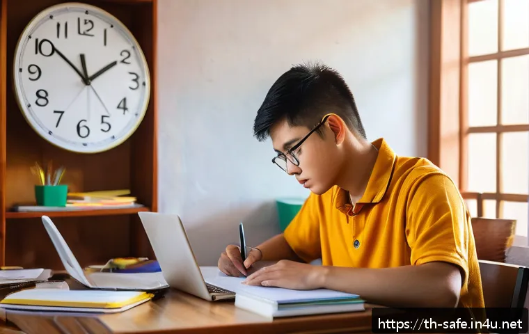 산업안전기사 실기시험 준비 팁 - A focused Thai student studying at a traditional wooden desk in a cozy room during early morning lig...