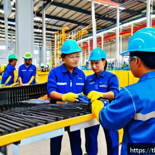 산업안전분야에서의 블로그 운영 팁 - A detailed workplace safety scene inside a modern Thai factory, showing a diverse group of workers a...