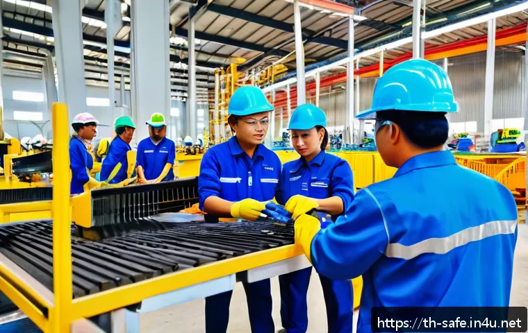 산업안전분야에서의 블로그 운영 팁 - A detailed workplace safety scene inside a modern Thai factory, showing a diverse group of workers a...