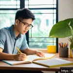 산업안전기사 필수 참고서 추천 - A focused young Thai adult studying for the industrial safety engineer exam in a bright, modern home...