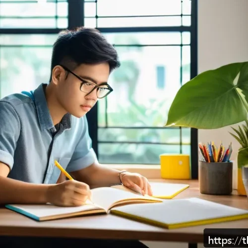 산업안전기사 필수 참고서 추천 - A focused young Thai adult studying for the industrial safety engineer exam in a bright, modern home...