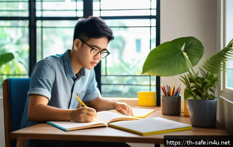 산업안전기사 필수 참고서 추천 - A focused young Thai adult studying for the industrial safety engineer exam in a bright, modern home...