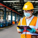 산업안전분야 자격증 취득 후 취업 후기 - A focused Thai industrial safety officer in a bright factory setting, wearing standard safety gear i...