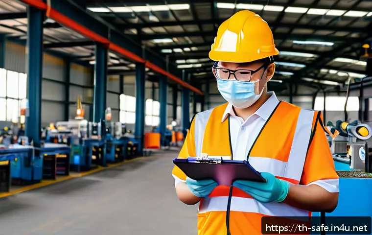 산업안전분야 자격증 취득 후 취업 후기 - A focused Thai industrial safety officer in a bright factory setting, wearing standard safety gear i...