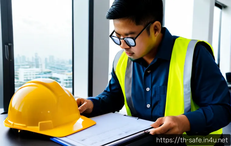 산업안전기사와 자격증 학습 커뮤니티 - Photorealistic Thai industrial safety certification study scene, focused adult learner in neat casua...
